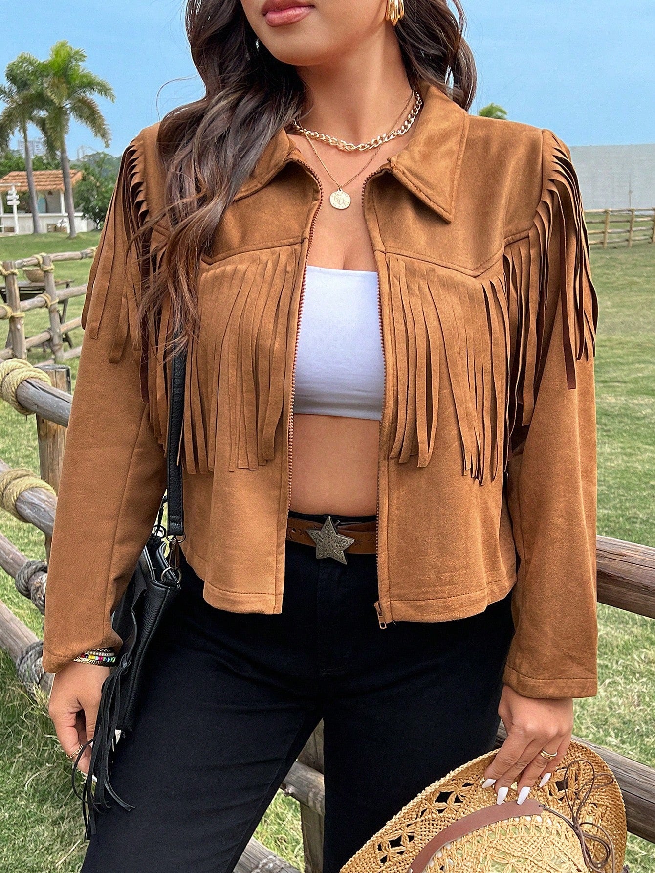 Jaqueta Plus Size Camurça Com Franja