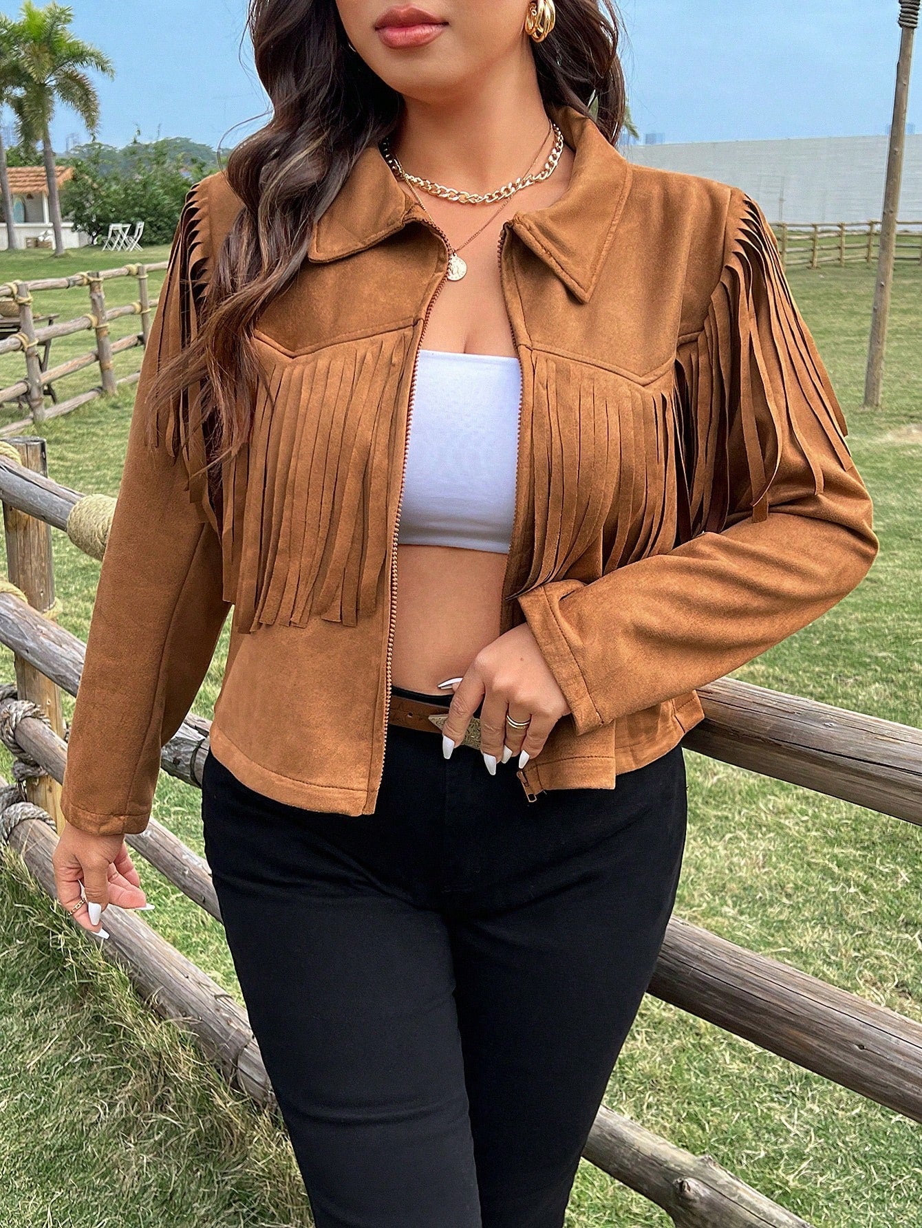 Jaqueta Plus Size Camurça Com Franja